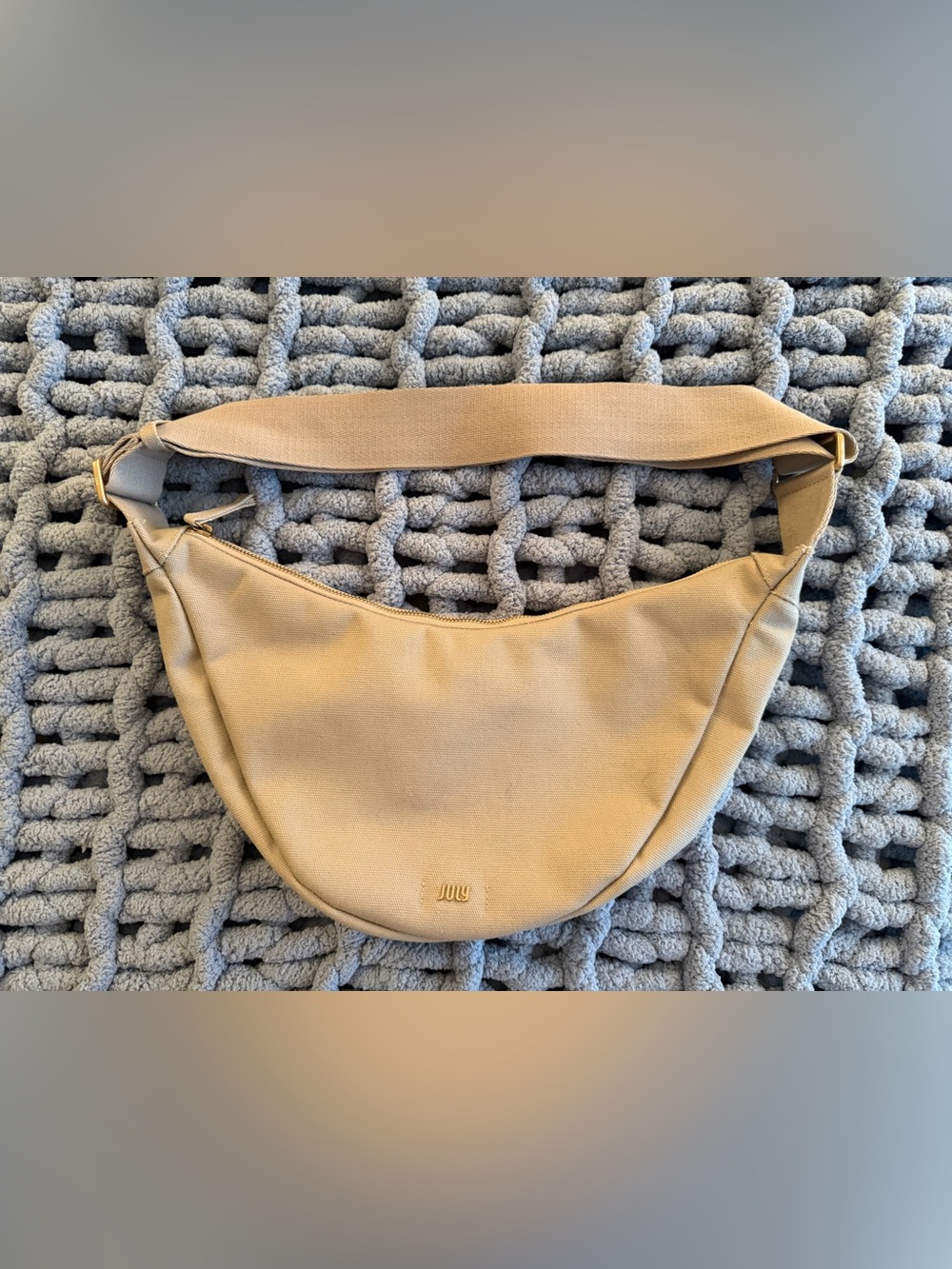 Beige Crescent Crossbody with Wide Strap